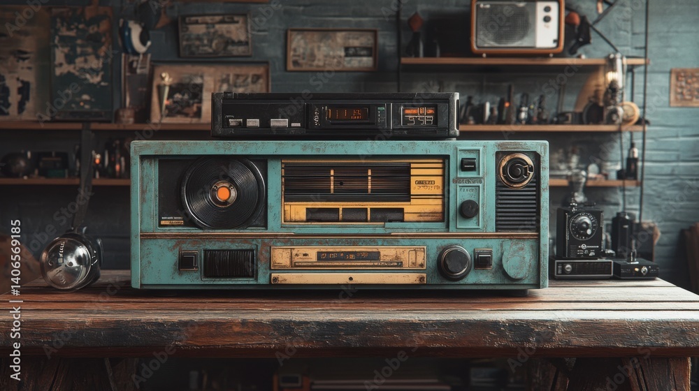 Fototapeta premium A vintage audio setup featuring an old-school cassette player, record player, and radio, set on a rustic wooden table in a retro-styled room.