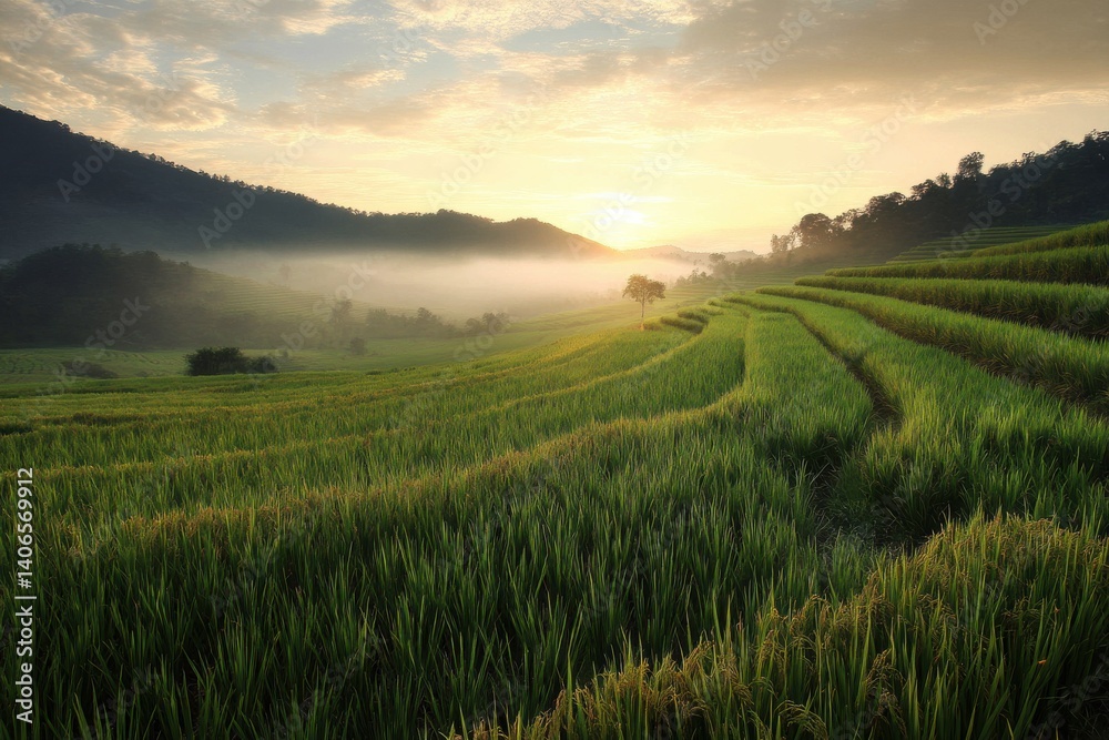 Lush green rice terraces under a soft sunrise with mountain backdrop and misty atmosphere in the distance Lush green rice terraces under a soft sunrise with mountain backdrop and misty atmosphere in the distance
