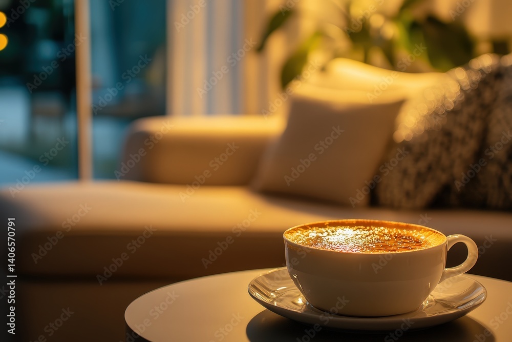 Fototapeta premium Warm latte in a cozy living room at night.