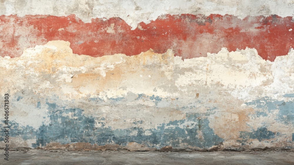 Fototapeta premium Weathered Wall with Layered Red White and Blue Paint