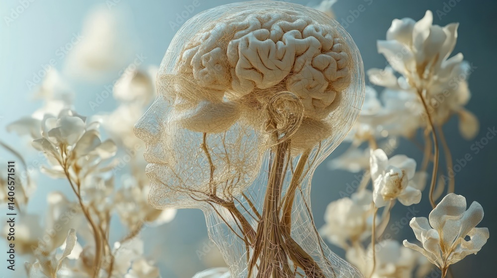 Naklejka premium Human brain anatomy with floral background