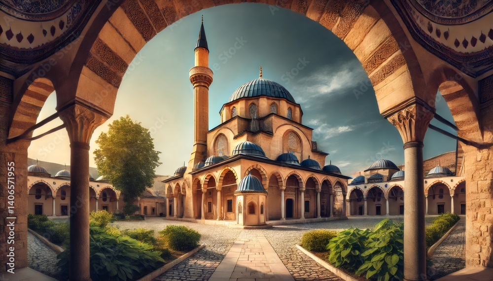 Obraz premium Majestic mosque with minaret and domes at sunrise, framed by ornate archways