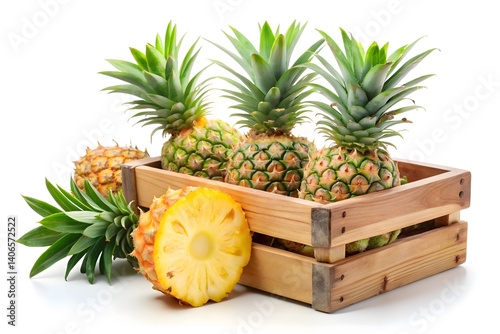 Fresh Pineapples in a Wooden Crate, Ready to Eat