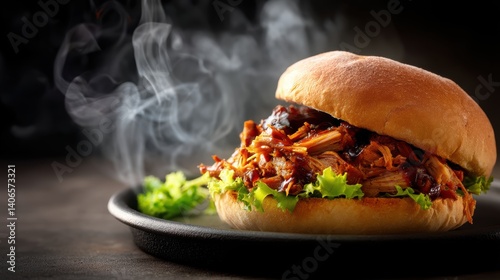 Delicious pulled pork burger on a bun with fresh lettuce on a dark plate with smoke against dark background