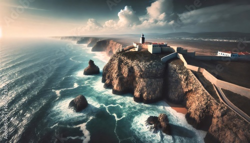 Lighthouse of cabo de sao vicente shining over the algarve coast in portugal