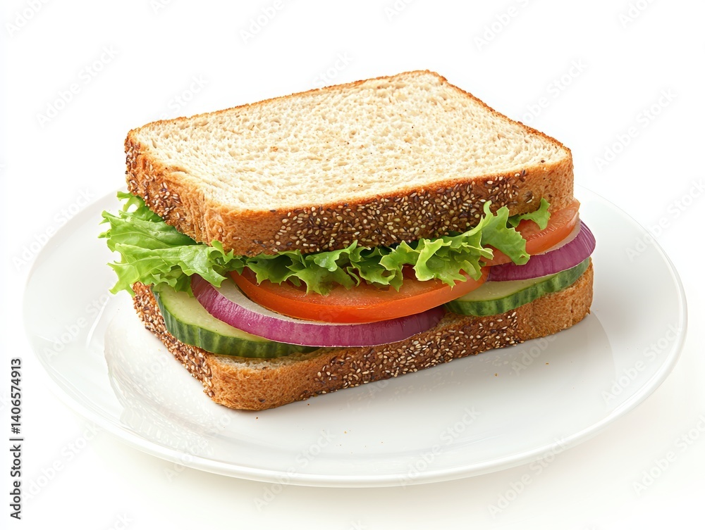 Fresh and Delicious Square Sandwich on White Plate Studio Shot Close Up Detail Healthy Meal Preparation Bread Slice Lettuce Fresh and Delicious Square Sandwich on White Plate Studio Shot Close Up Detail Healthy Meal Preparation Bread Slice Lettuce