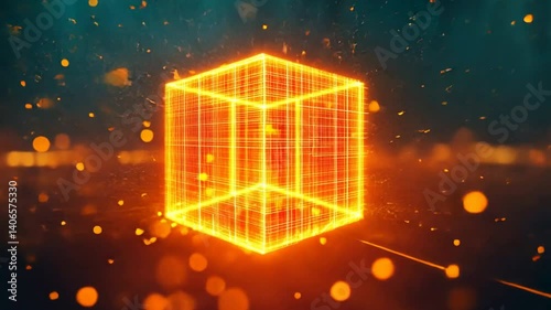 Illuminated Cube: A radiant, geometric cube glows with inner light, suspended in a field of blurred, ethereal particles, suggesting complexity and innovation. 