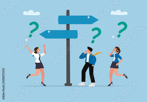Confused Business Team Facing Directional Choice and Decision Making. Vector Illustration with People and Signpost.