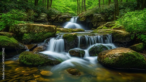 Peaceful forest waterfall cascading over mossy rocks in lush green woodland
