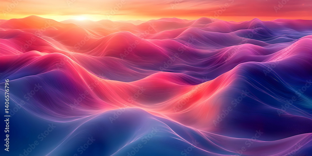 Abstract 3D landscape of vibrant, flowing hills bathed in sunset hues, creating a surreal and dreamy digital art background. Abstract 3D landscape of vibrant, flowing hills bathed in sunset hues, creating a surreal and dreamy digital art background.