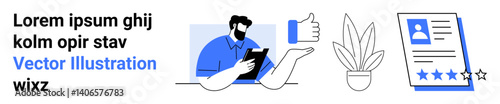 Person checking tablet, thumbs-up gesture, resume with rating stars, and potted plant. Ideal for HR, recruitment, career guidance, feedback, app design digital marketing flat landing page banner