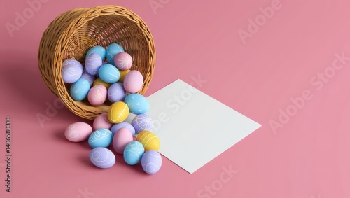 muitos ovos de pascoa em cesta , folha em branco para propaganda, mensagem