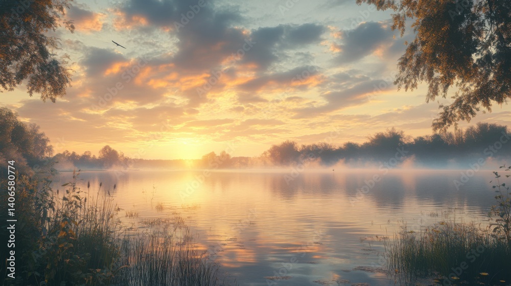 Fototapeta premium A serene lakeside view at sunrise, featuring reflective water, mist, and lush greenery under a colorful sky.