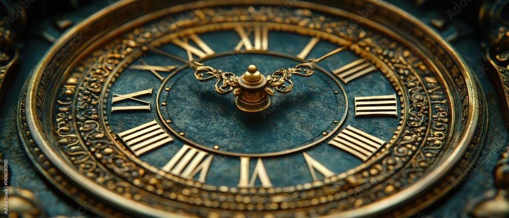 A closeup shows a decorative clock with gold trim and roman numerals. The dial is a mottled dark-teal A closeup shows a decorative clock with gold trim and roman numerals. The dial is a mottled dark-teal