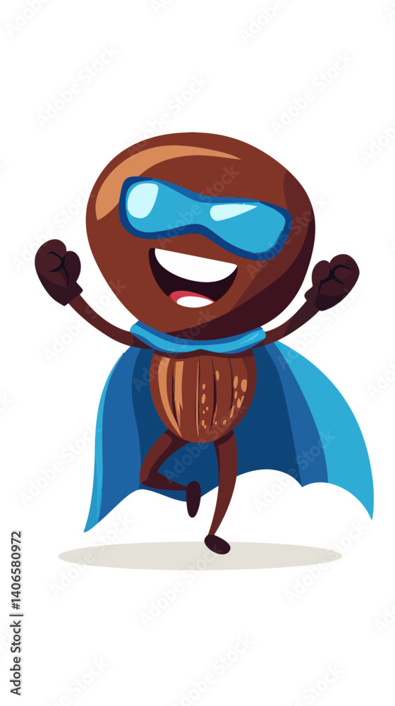 Superhero Coffee Bean Character with Blue Cape and Mask Vector Illustration Superhero Coffee Bean Character with Blue Cape and Mask Vector Illustration