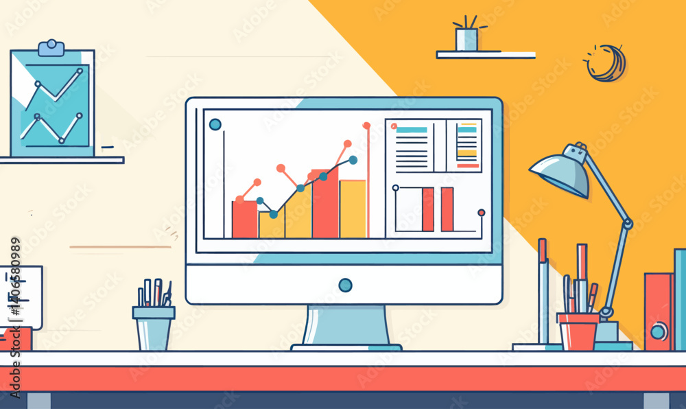 Fototapeta premium Modern Workspace with Computer Displaying Analytics and Charts Illustration