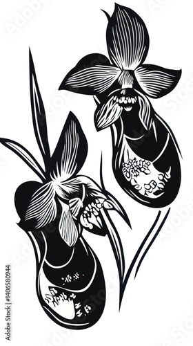 Minimalist Lady's Slipper Orchid Black and White Vector for Cutting and Printing