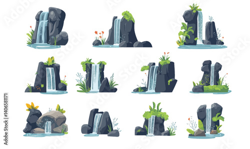 Minimalist Cartoon Waterfalls Vector Set with Rocks and Foliage for Graphic Design