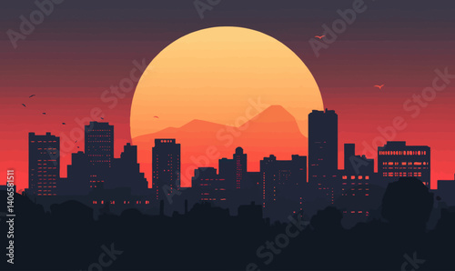 Minimalistic Sunset Cityscape Vector Illustration with Silhouetted Skyline