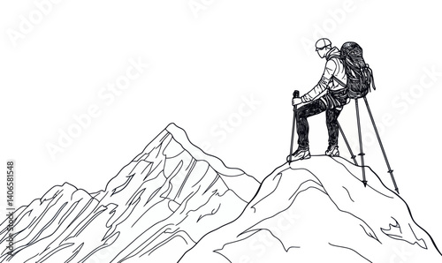 Minimalist Line Art of Man Hiking with Backpack on Mountain Peak