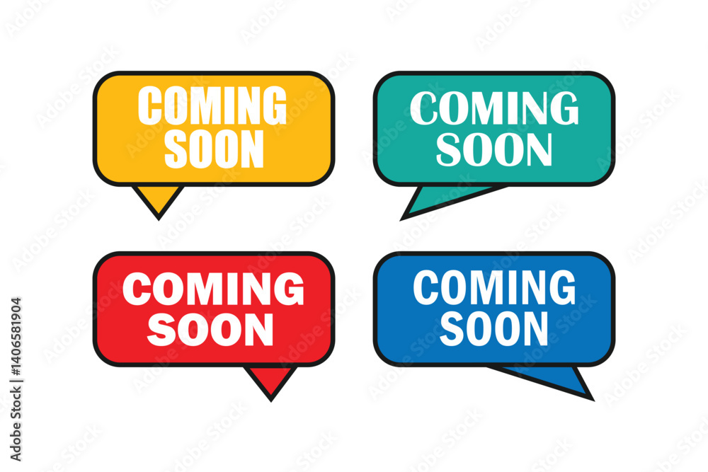 Coming soon banner template. Coming soon speech bubble label. Coming soon banner template. Coming soon speech bubble label.