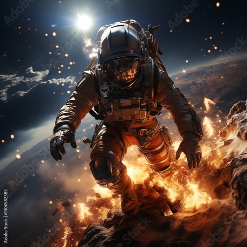 Fototapeta Naklejka Na Ścianę i Meble -  A realistic image of an astronaut working on the exterior of a space station with Earth visible in the background the lighting from the sun casts sharp shadows,generative ai illustration