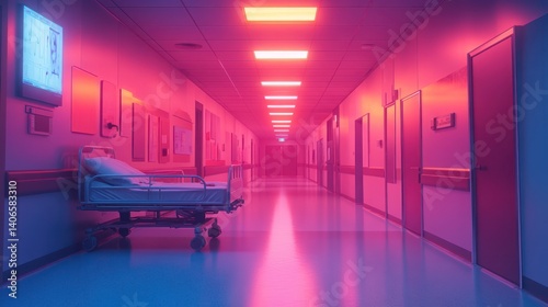 Empty hospital corridor, neon lights, patient bed, night