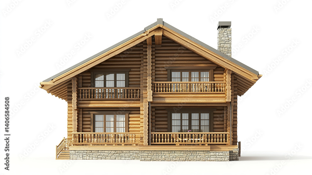 Wooden frame house with stone chimney on white background Wooden frame house with stone chimney on white background