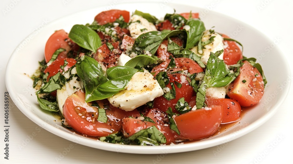 A clean white plate of caprese salad with fresh basil, placed on a light wooden table digital A clean white plate of caprese salad with fresh basil, placed on a light wooden table digital