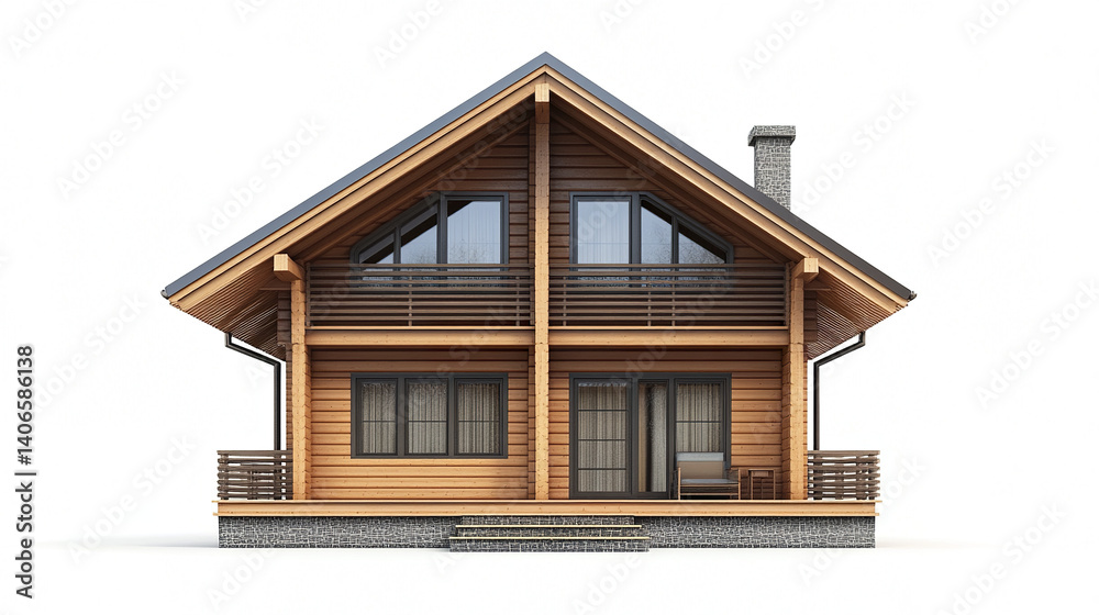 Wooden house with large windows and chimney on white background Wooden house with large windows and chimney on white background