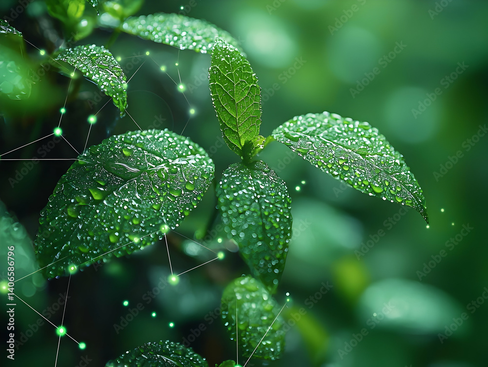 Dew-Covered Green Leaves with Abstract Network Illustration Dew-Covered Green Leaves with Abstract Network Illustration