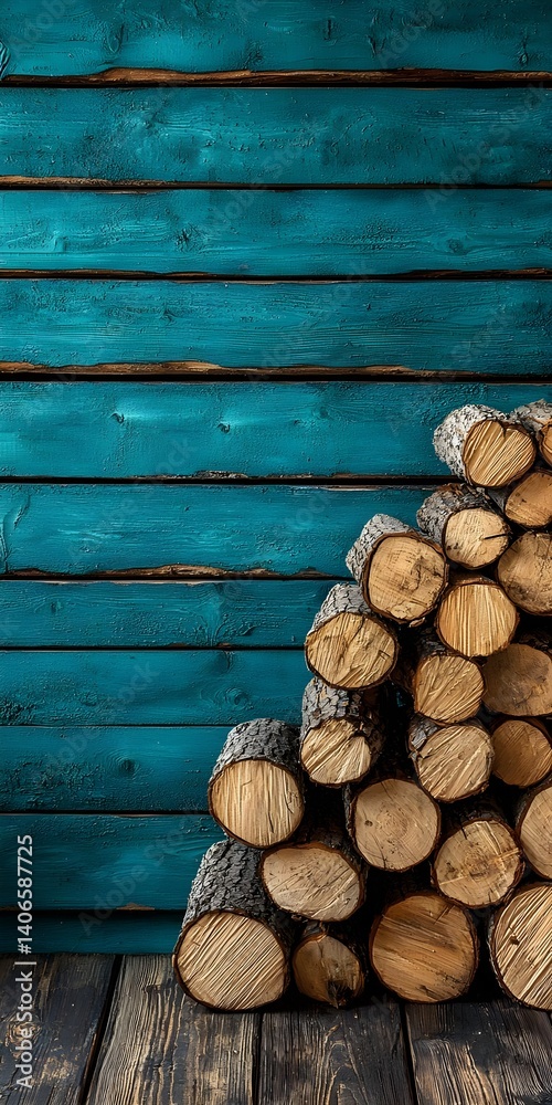 Stacked firewood against a vibrant blue wooden wall Stacked firewood against a vibrant blue wooden wall