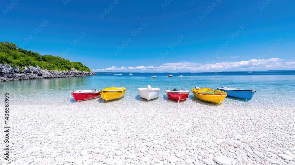 Colorful boats on a pristine beach. Crystal-clear water, vibrant colors, idyllic scenery Colorful boats on a pristine beach. Crystal-clear water, vibrant colors, idyllic scenery