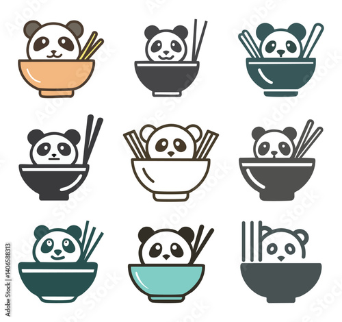 Cute Pandas Enjoying Noodle Bowls in Different Colors