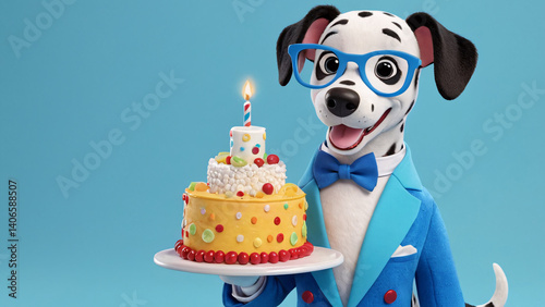 A dalmatian dog is proudly holding a birthday cake with a lit candle on it
