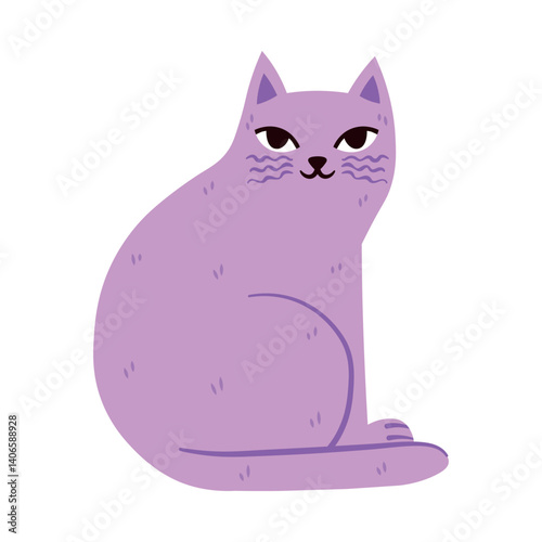 Trendy modern cute kitten isolated on transparent background. Purple pastel delicate kitty, cat in flat style for cards, scrapbooking, stickers.