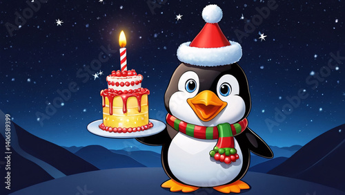 A penguin in a santa hat holds a birthday cake with a candle