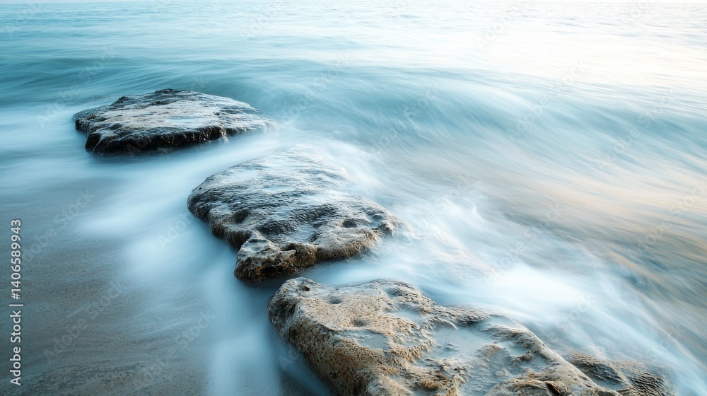 Obraz premium Serene Coastal Scene with Gentle Waves and Rocky Shoreline
