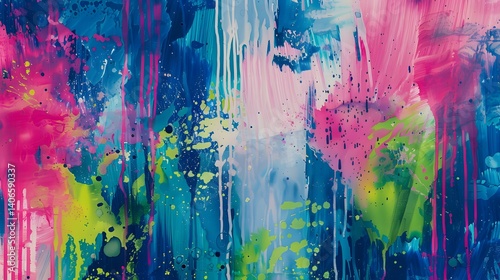 Colorful Dripping Paint Splatter Background in Blue, Pink, and Green