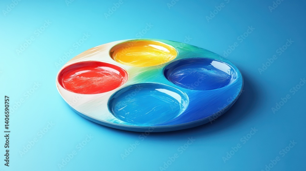 A colorful artist's palette with four wells, showcasing vibrant red, yellow, blue, and white hues against a soft blue background. A colorful artist's palette with four wells, showcasing vibrant red, yellow, blue, and white hues against a soft blue background.