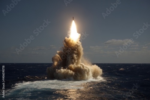 Nuclear war. Beginning. Launch of a nuclear ballistic intercontinental missile from submarine. The intercontinental missile erupts from the submarine, signaling the start of a catastrophic nuclear