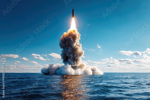 Nuclear war. Launch of a nuclear ballistic intercontinental missile from submarine. The nuclear missile rises from the submarine, a stark reminder of humanity's most destructive technology.