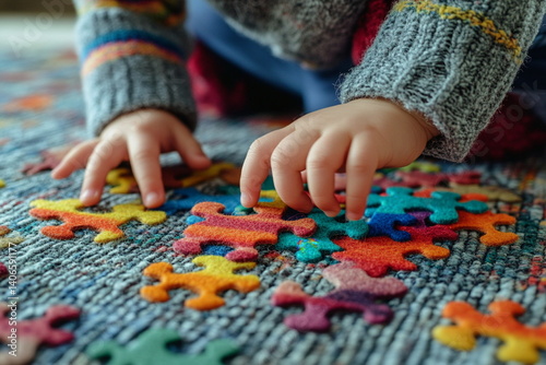 Child assembling colorful floor puzzle pieces — a fun and engaging activity to promote cognitive development and fine motor skills through hands-on learning.

