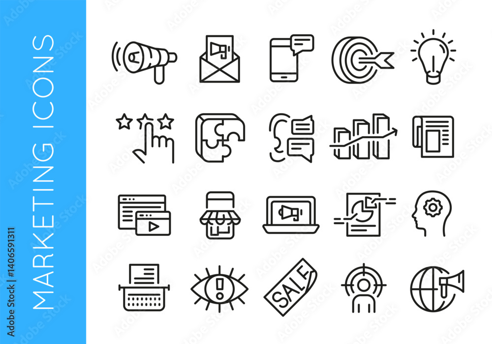 Marketing icons. Set of 20 marketing icons. Megaphone, target, sales point, smartphone, video, chat icon. Design signs for web page, mobile app, digital marketing. Vector illustration