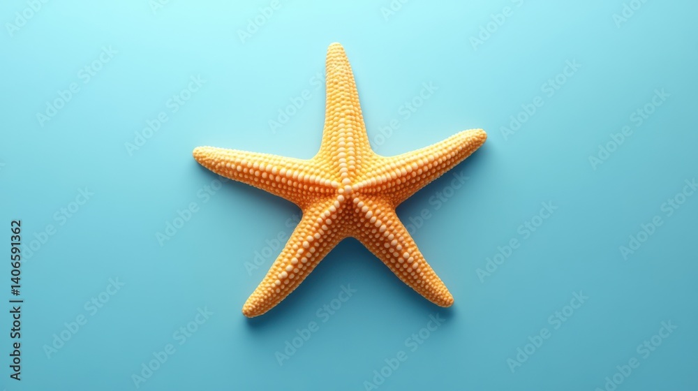 A vibrant orange starfish rests on a light blue background, showcasing its unique shape and texture.