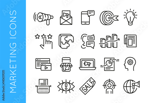 Marketing icons. Set of 20 marketing icons. Megaphone, target, sales point, smartphone, video, chat icon. Design signs for web page, mobile app, digital marketing. Vector illustration