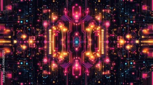 A vibrant digital circuit design featuring bright colors, intricate patterns, and glowing elements, resembling a futuristic technology interface.