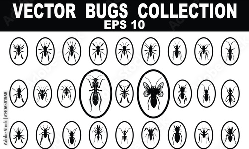 A set of Insects vector silhouette art and illustration. Insect icon collection. In the set there are beetles, bugs, butterflies, dragonfly, cicada, moths, bee etc. Saved in EPS 10.
