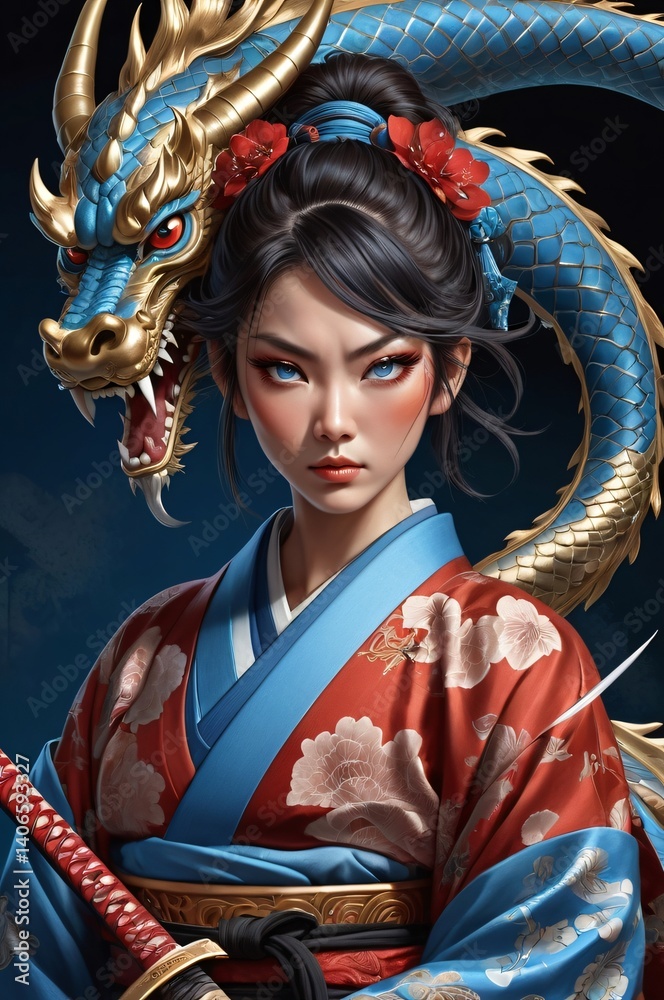 Stunning Digital Art A Geisha with a Majestic Blue Dragon, Traditional Japanese Kimono, Samurai Sword, Intricate Details, Fantasy Illustration Stunning Digital Art A Geisha with a Majestic Blue Dragon, Traditional Japanese Kimono, Samurai Sword, Intricate Details, Fantasy Illustration