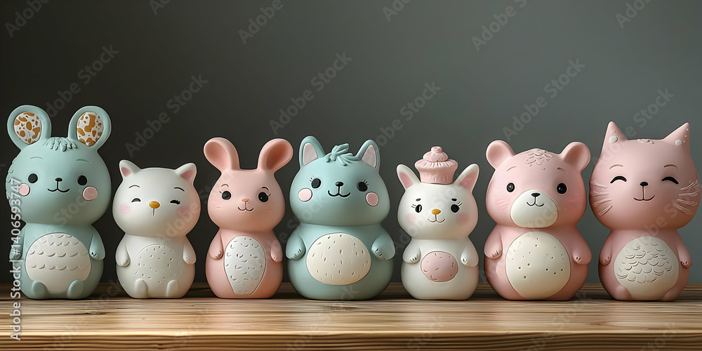 Adorable pastel animal figurines arranged on wooden surface. Adorable pastel animal figurines arranged on wooden surface.